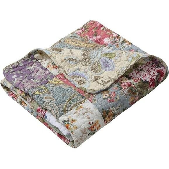 Greenland Home Patchwork Quilted Throw Blanket Floral Cotton Reversible - Picture 7 of 7